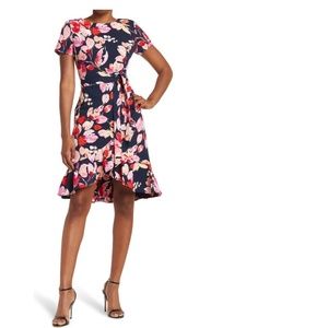 Calvin Klein Floral Short Sleeve Ruffle Dress